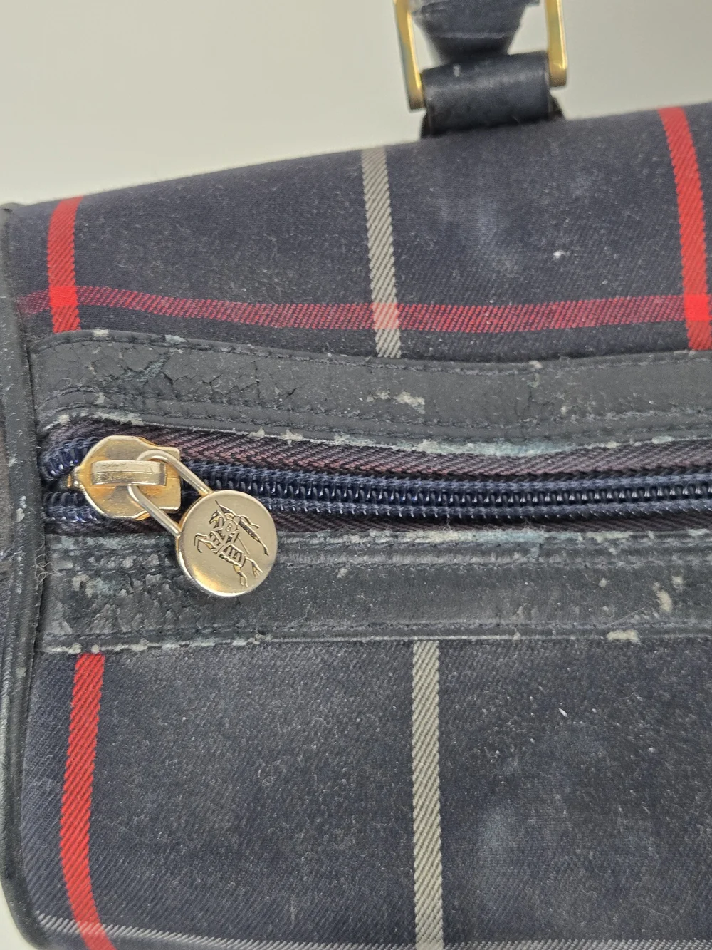 Burberrys Nova Check Toiletry Bag Vintage Leather Trim Navy Red Plaid